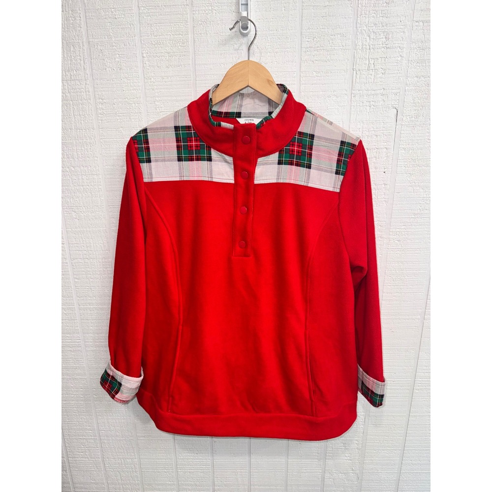 Crown & Ivy Fleece Pullover Women Red Plaid Yoke Snap Neck 1X